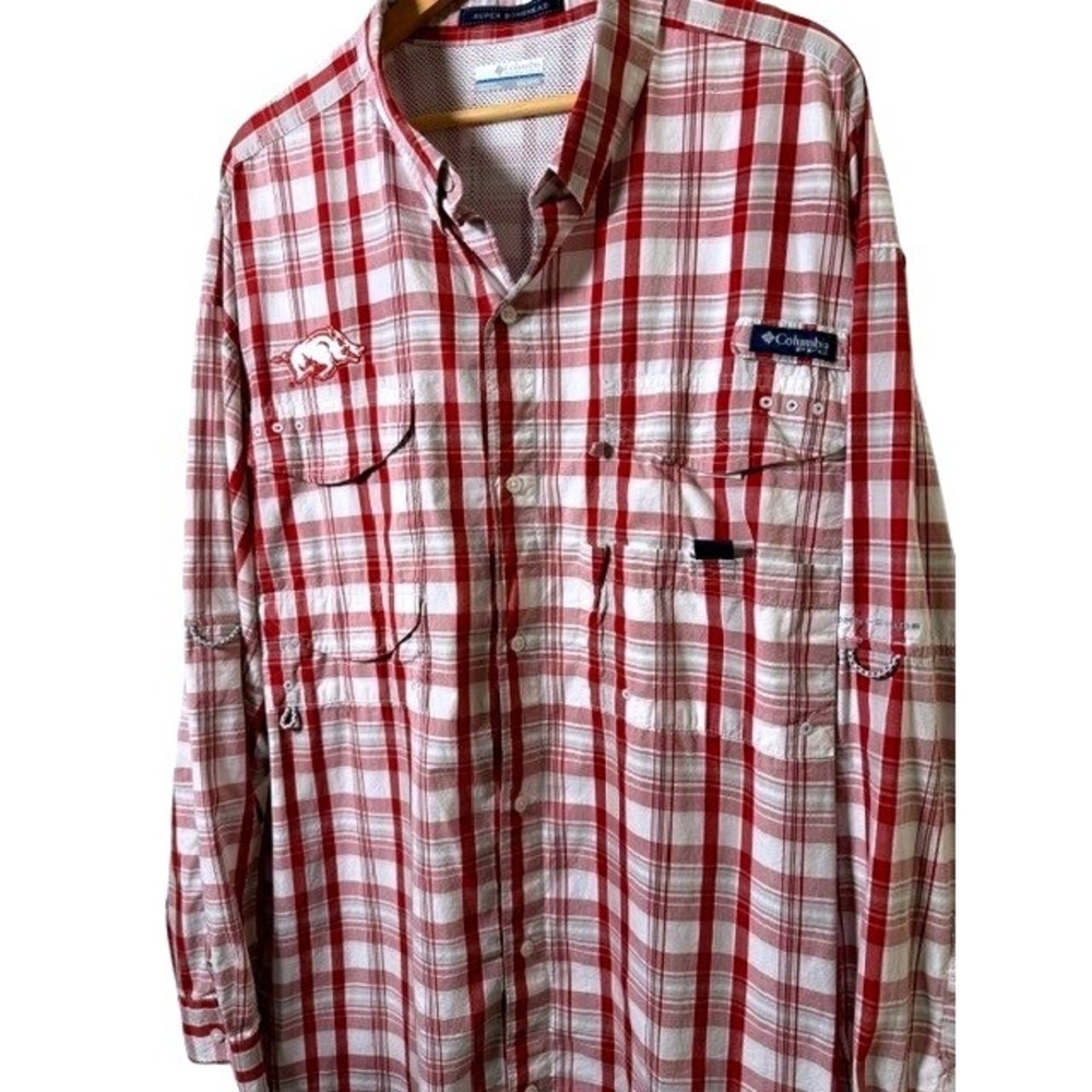 Columbia Arkansas Razorbacks Shirt Mens 2XL Red Plaid Super Bonehead PFG LS - Picture 5 of 11